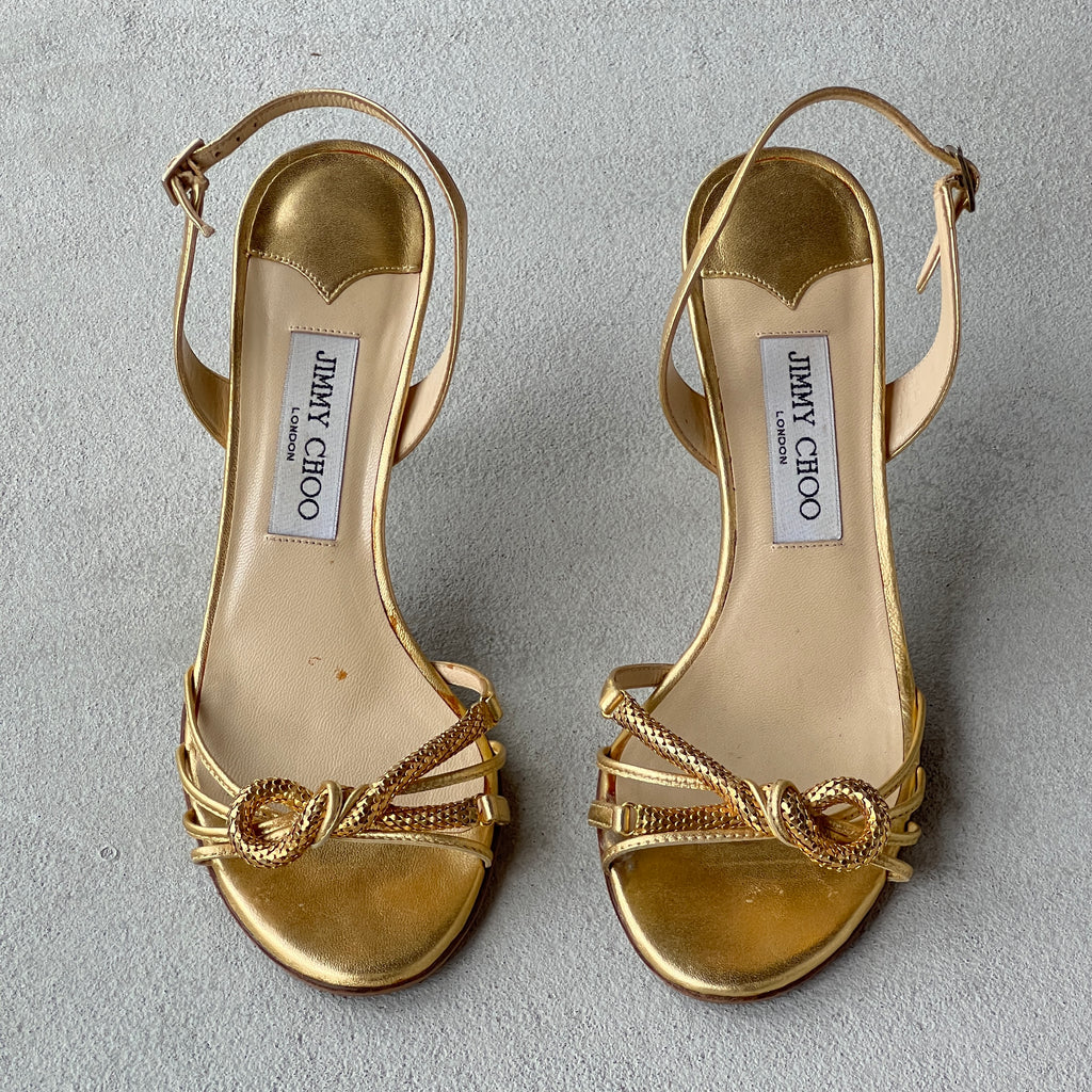 Jimmy Choo | Metallic Gold Leather Metal Knot Slingback Stiletto Heels (37.5)