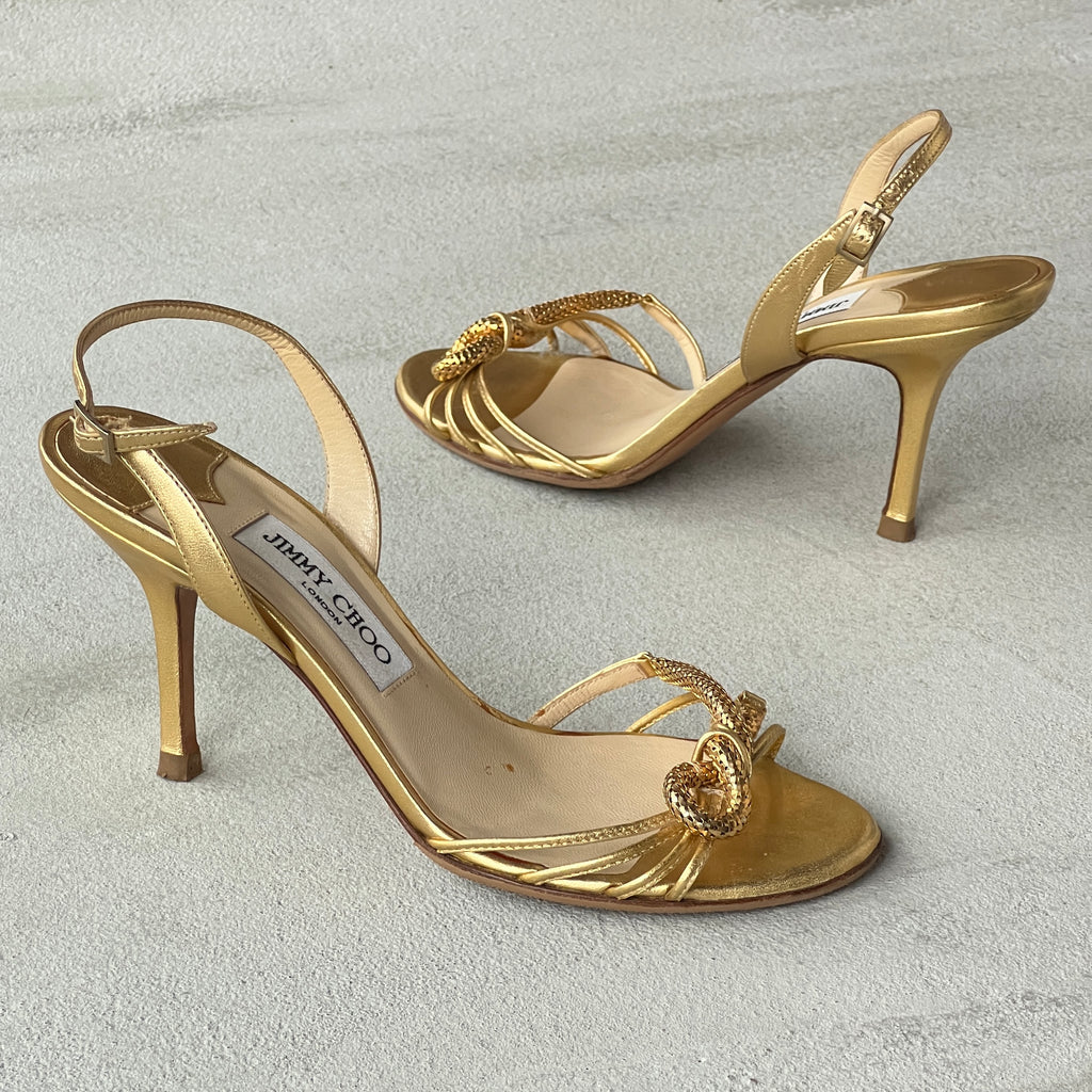 Jimmy Choo | Metallic Gold Leather Metal Knot Slingback Stiletto Heels (37.5)