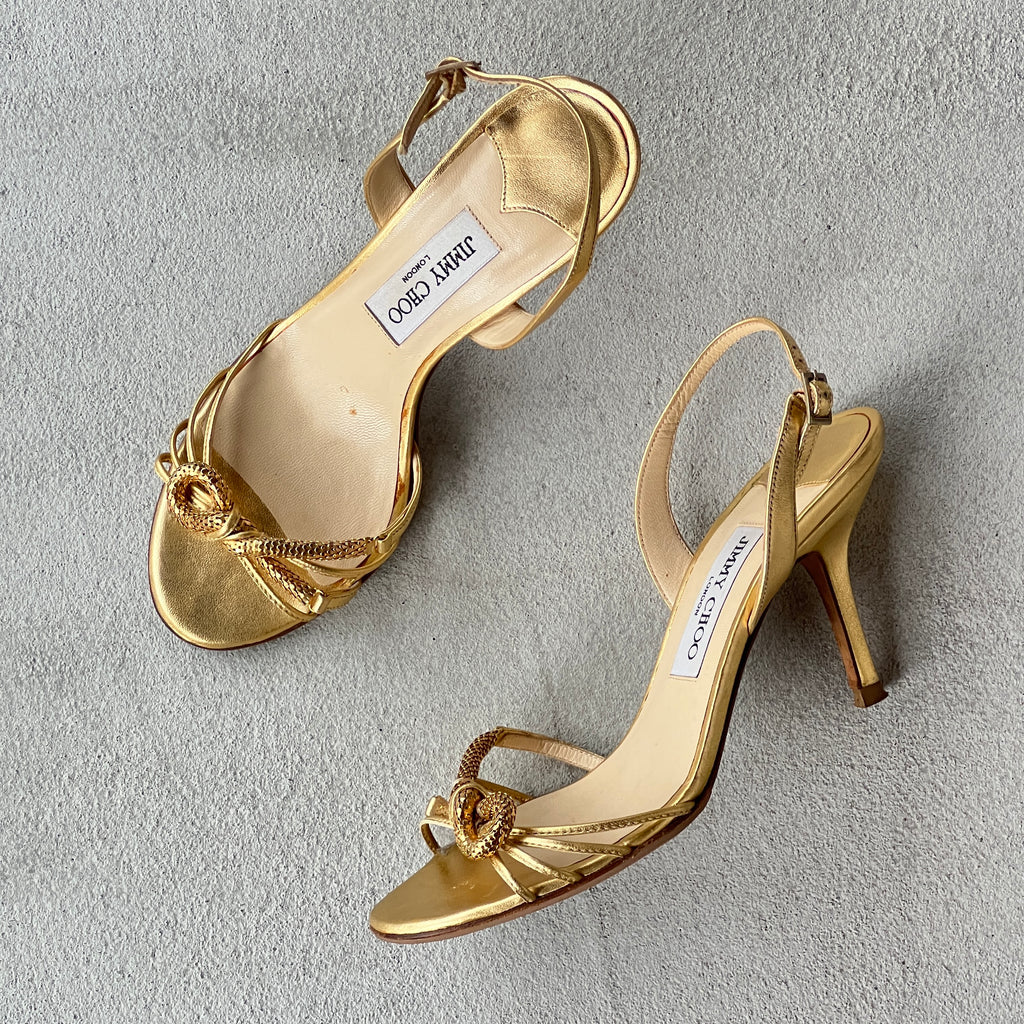 Jimmy Choo | Metallic Gold Leather Metal Knot Slingback Stiletto Heels (37.5)