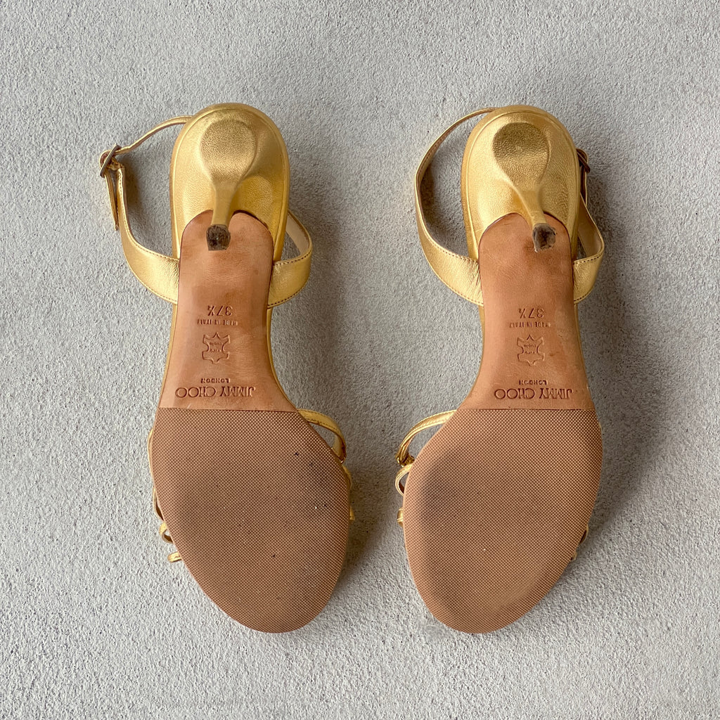 Jimmy Choo | Metallic Gold Leather Metal Knot Slingback Stiletto Heels (37.5)