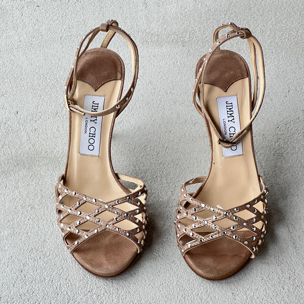 Jimmy Choo | Metallic Bronze Leather Rhinestone Cage Ankle Wrap Heels (35.5)