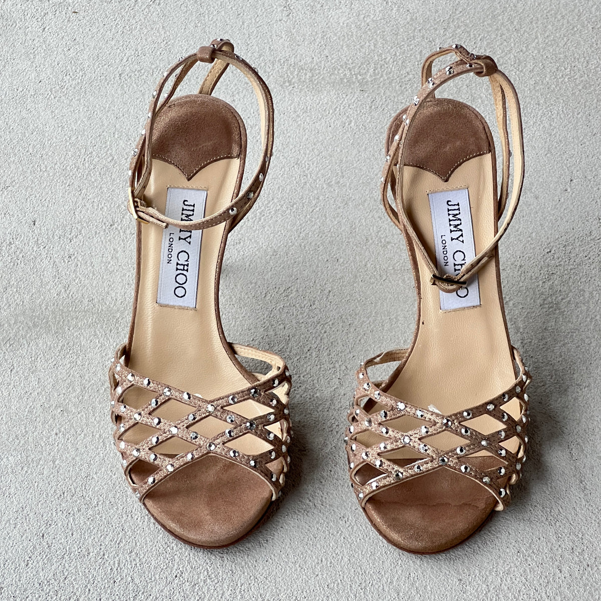 Jimmy Choo | Metallic Bronze Leather Rhinestone Cage Ankle Wrap Heels (35.5)