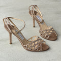 Jimmy Choo | Metallic Bronze Leather Rhinestone Cage Ankle Wrap Heels (35.5)