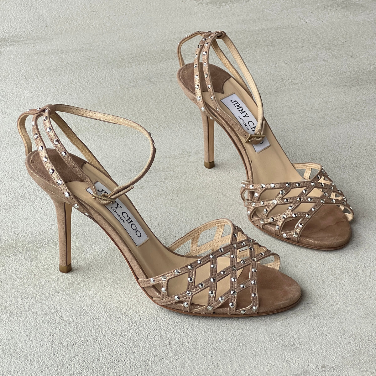 Jimmy Choo | Metallic Bronze Leather Rhinestone Cage Ankle Wrap Heels (35.5)