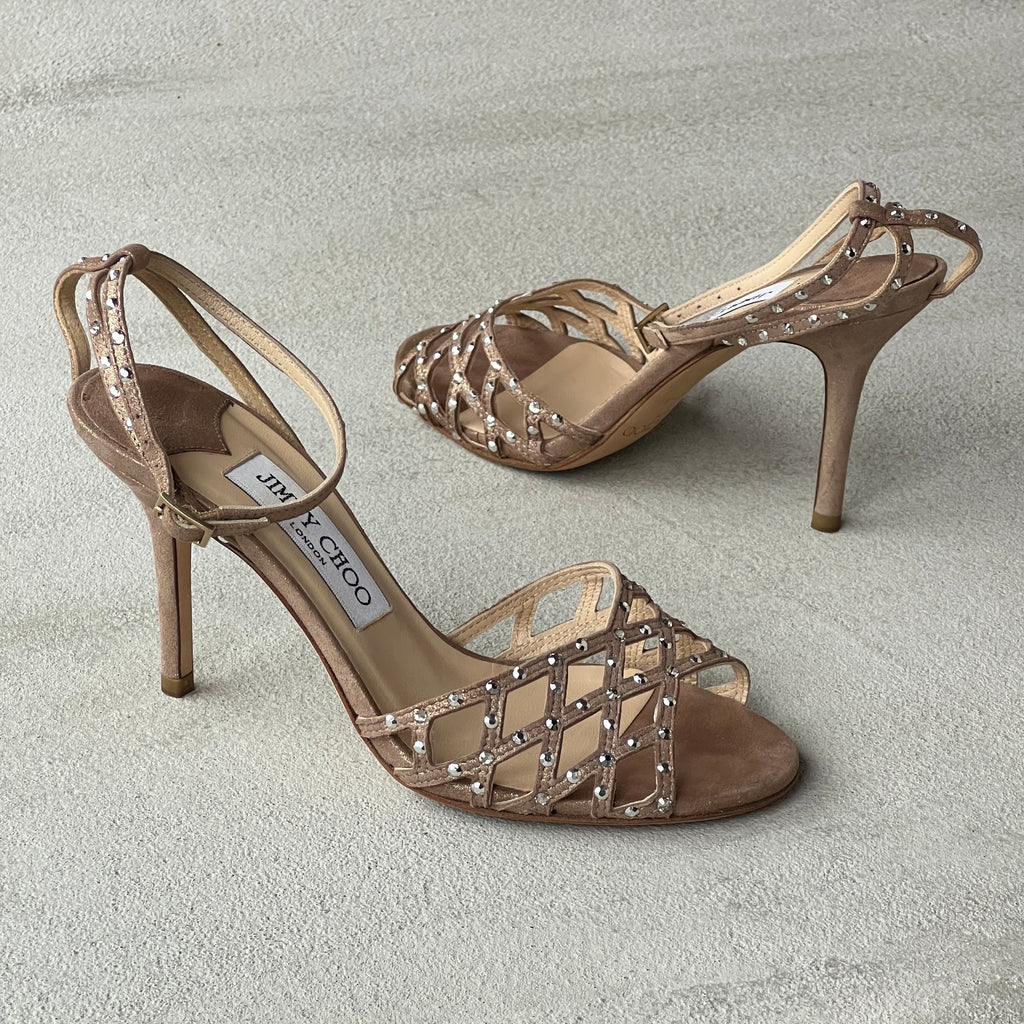 Jimmy Choo | Metallic Bronze Leather Rhinestone Cage Ankle Wrap Heels (35.5)