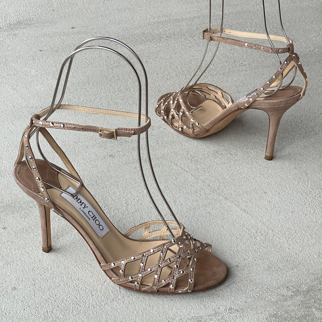 Jimmy Choo | Metallic Bronze Leather Rhinestone Cage Ankle Wrap Heels (35.5)
