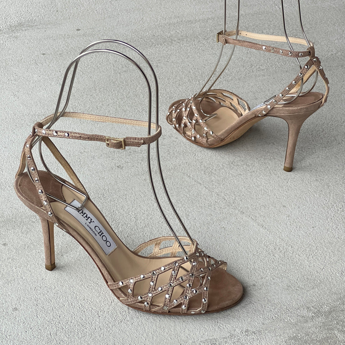 Jimmy Choo | Metallic Bronze Leather Rhinestone Cage Ankle Wrap Heels (35.5)