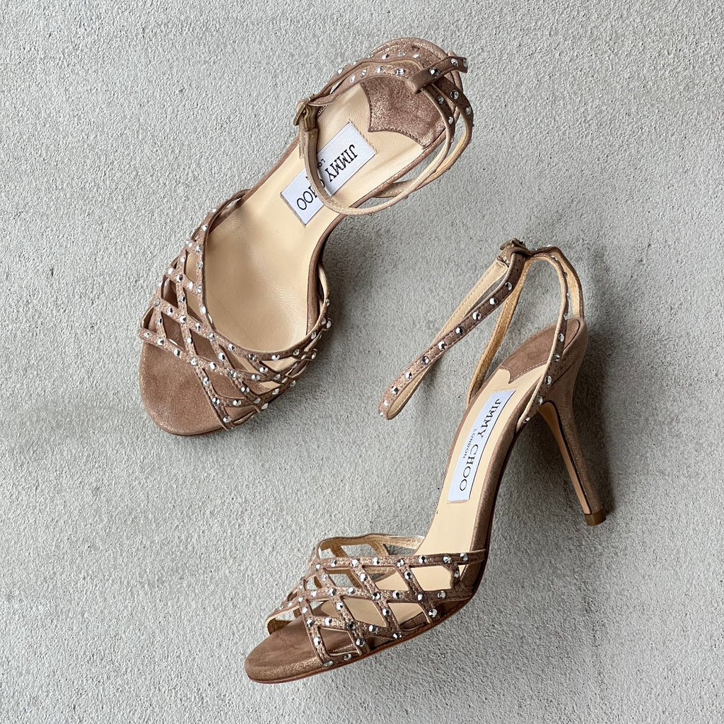 Jimmy Choo | Metallic Bronze Leather Rhinestone Cage Ankle Wrap Heels (35.5)