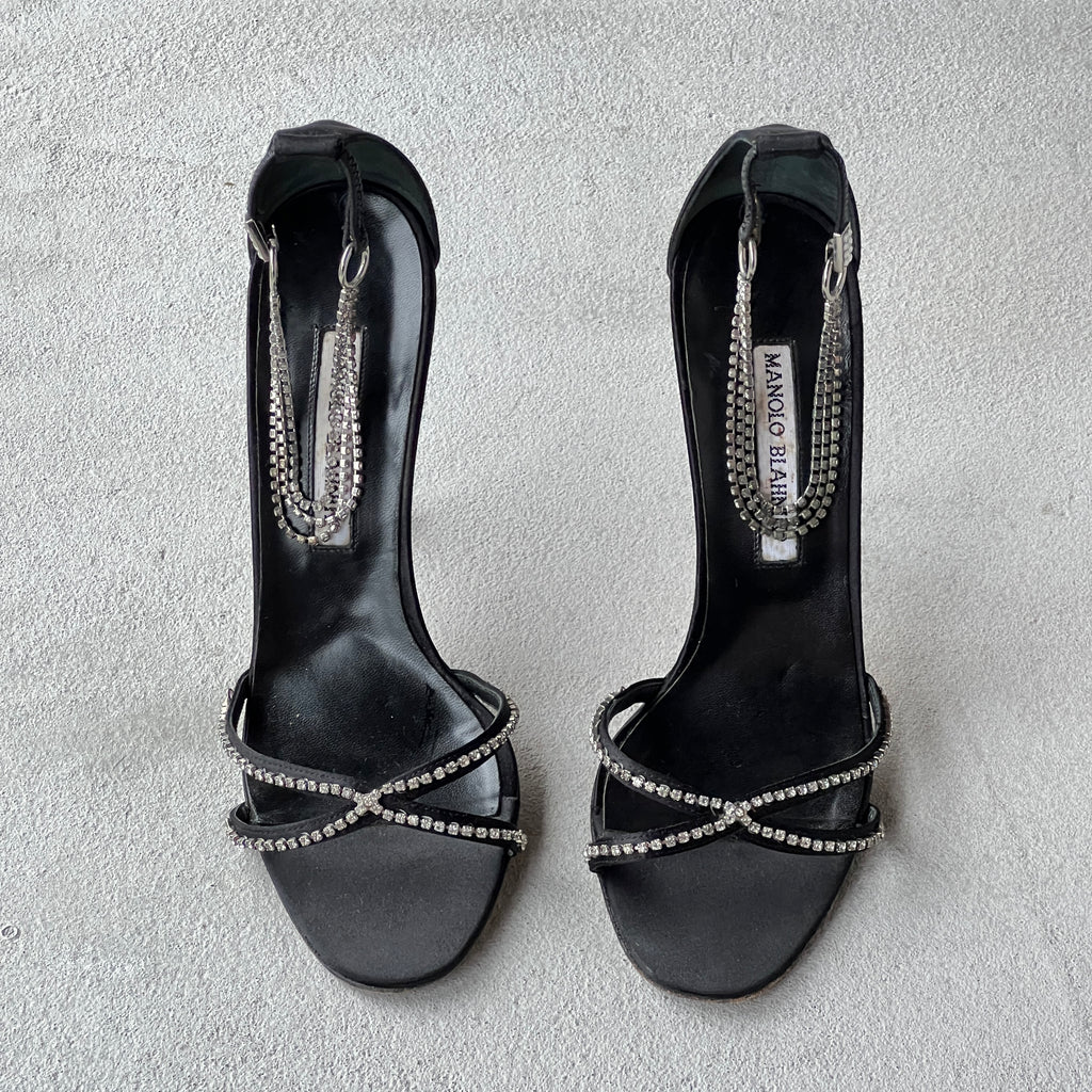 Manolo Blahnik | Black Satin Crystal Ankle Chain Stiletto Heels Rare (38)