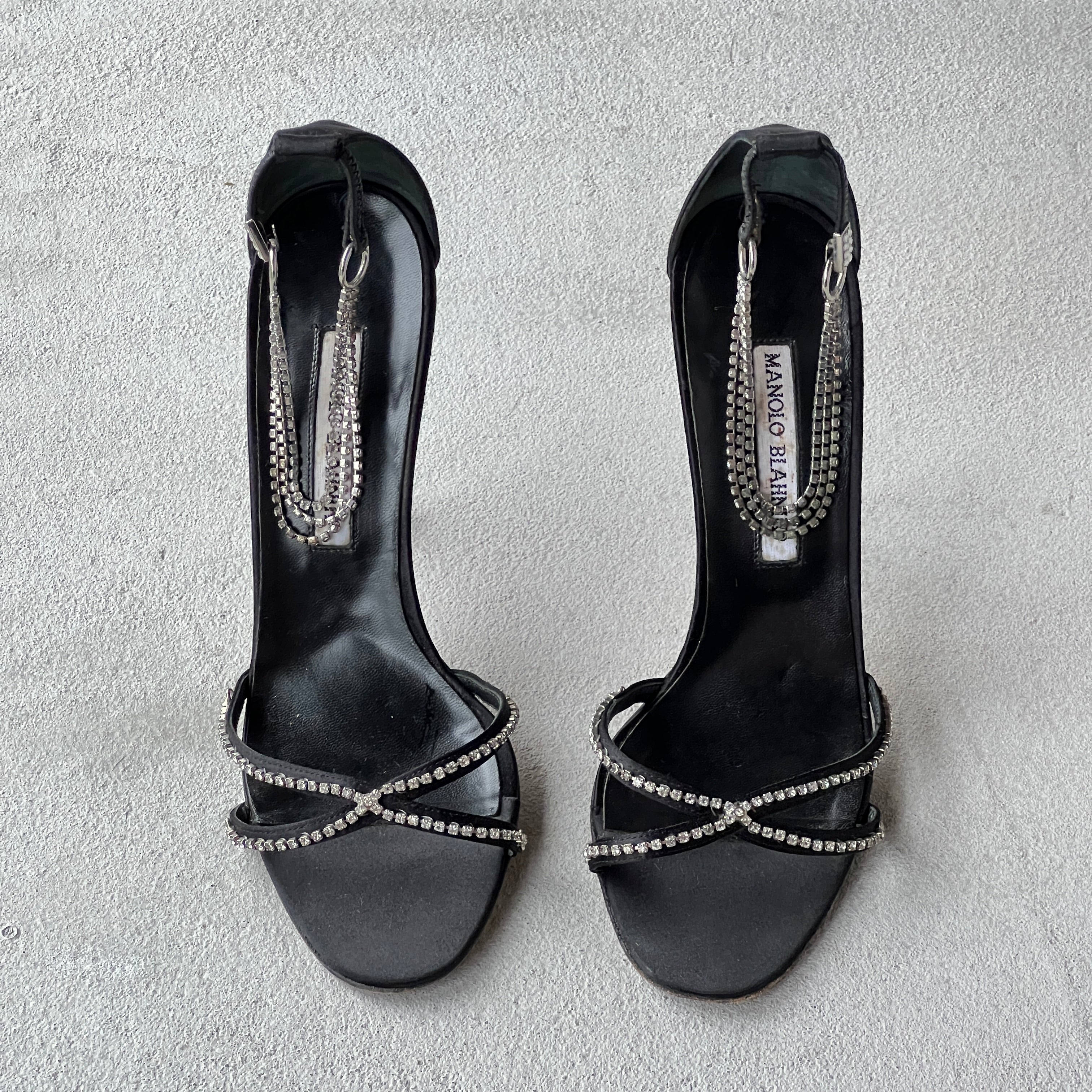 Manolo Blahnik | Black Satin Crystal Ankle Chain Stiletto Heels Rare (38)