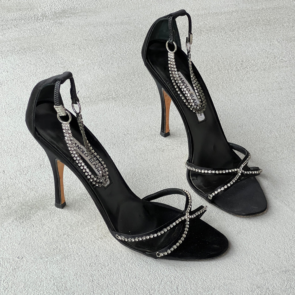 Manolo Blahnik | Black Satin Crystal Ankle Chain Stiletto Heels Rare (38)