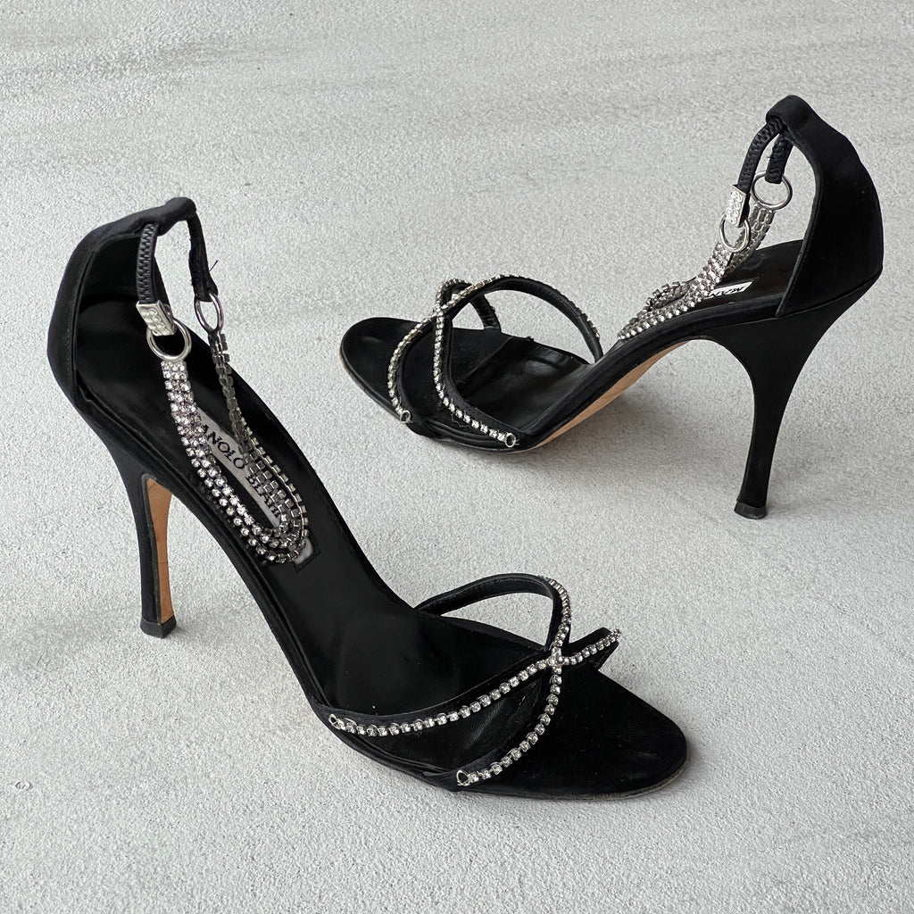 Manolo Blahnik | Black Satin Crystal Ankle Chain Stiletto Heels Rare (38)