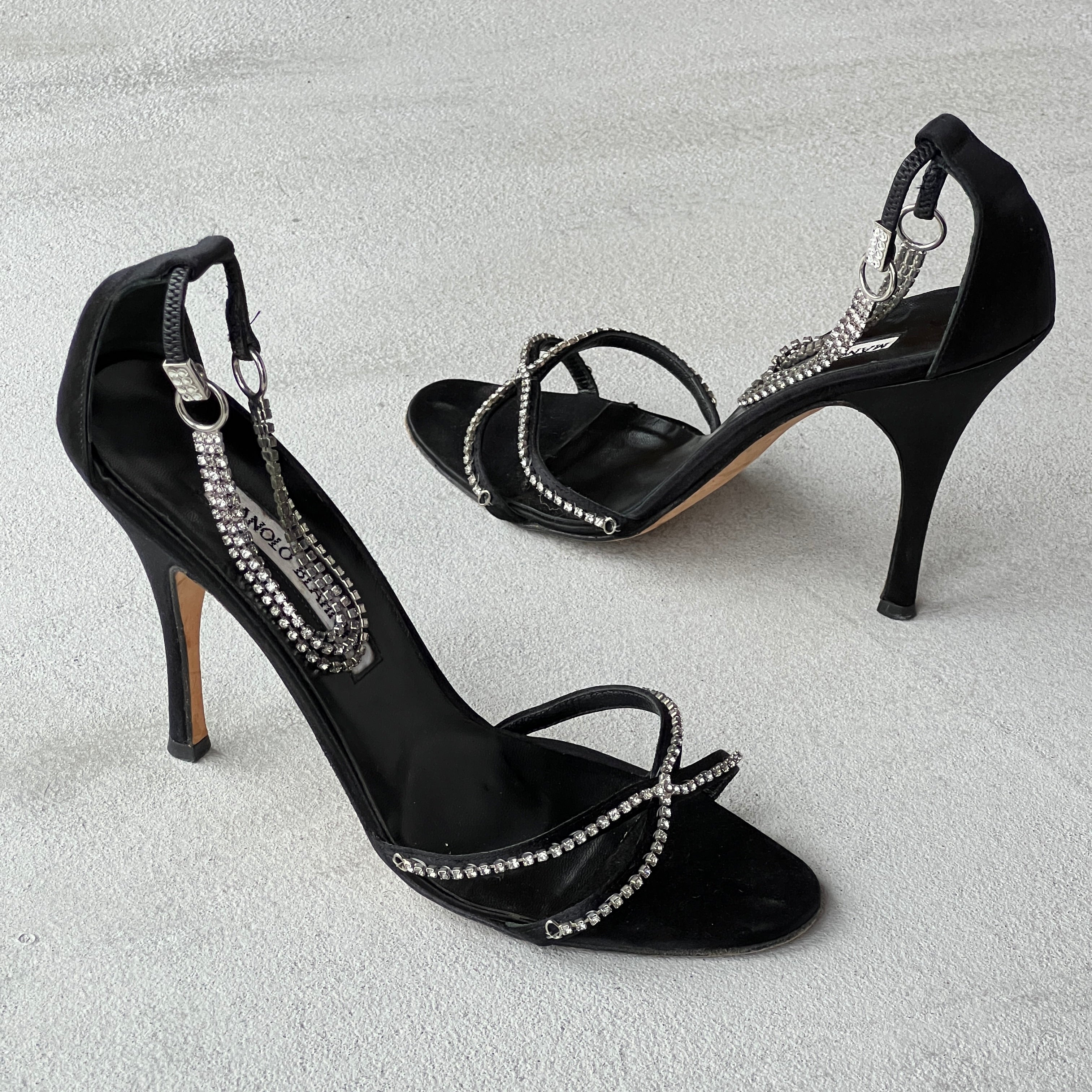 Manolo Blahnik | Black Satin Crystal Ankle Chain Stiletto Heels Rare (38)