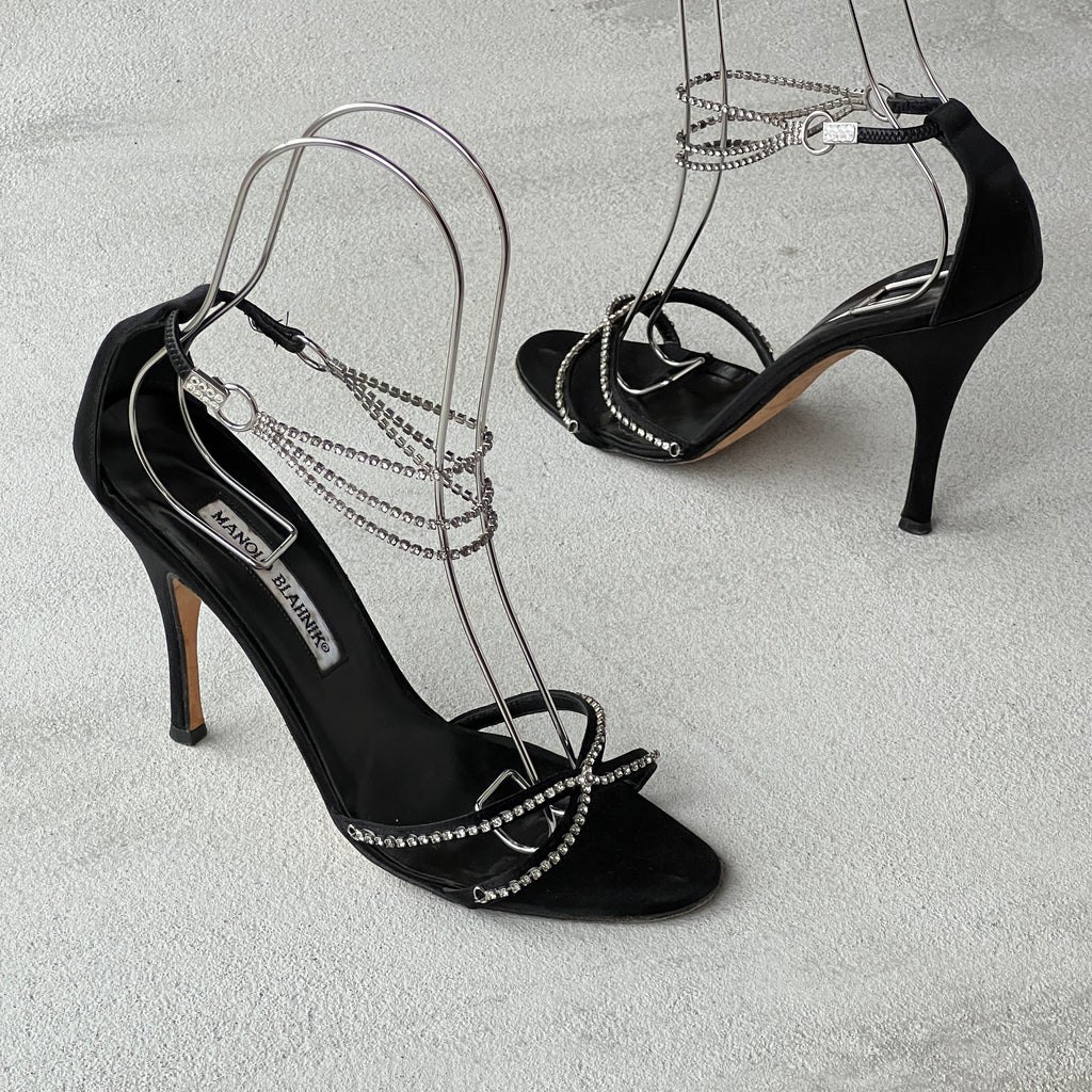 Manolo Blahnik | Black Satin Crystal Ankle Chain Stiletto Heels Rare (38)