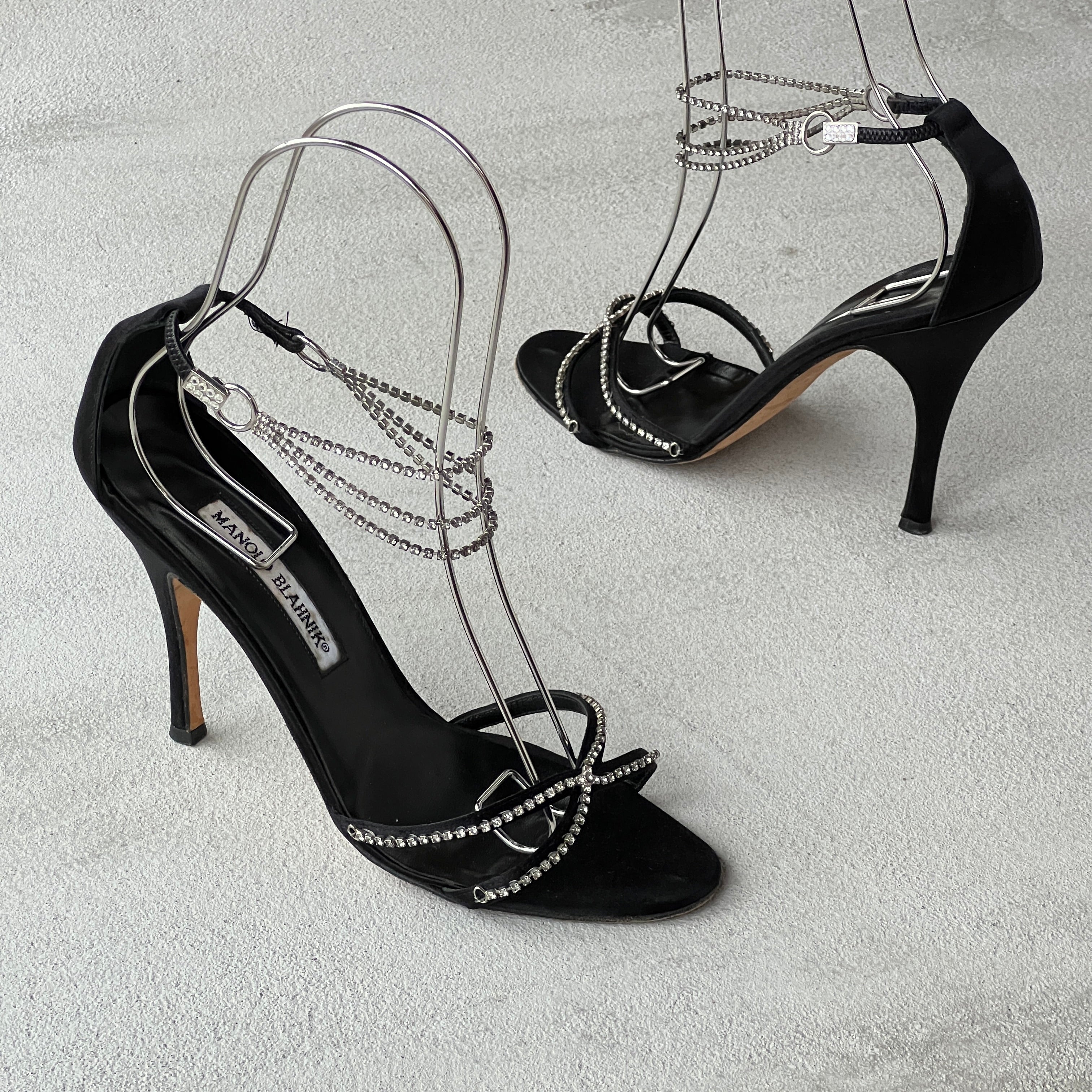 Manolo Blahnik | Black Satin Crystal Ankle Chain Stiletto Heels Rare (38)