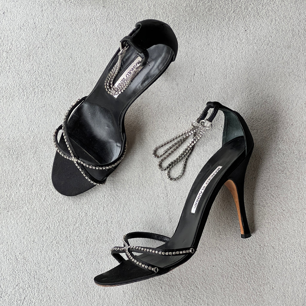 Manolo Blahnik | Black Satin Crystal Ankle Chain Stiletto Heels Rare (38)