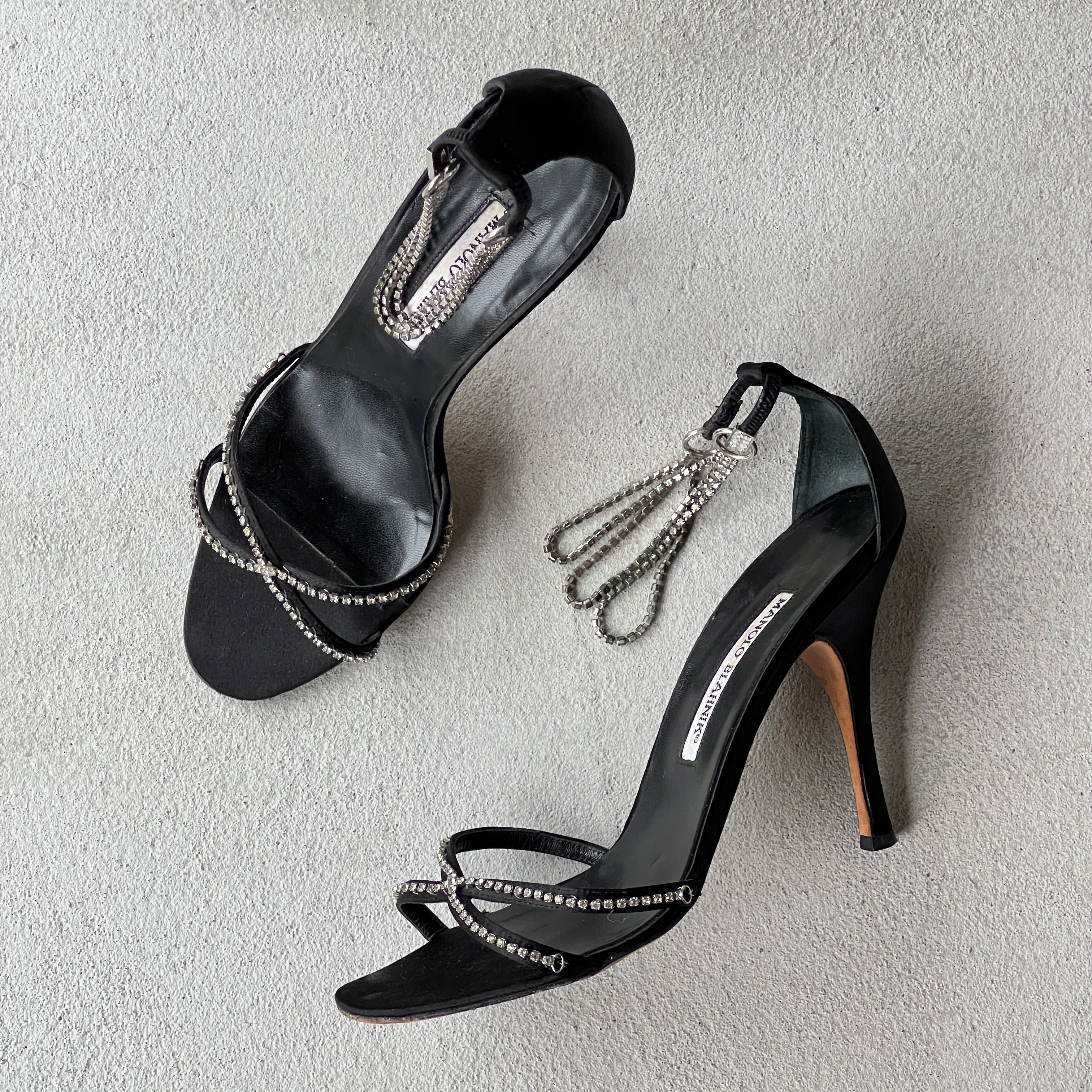 Manolo Blahnik | Black Satin Crystal Ankle Chain Stiletto Heels Rare (38)