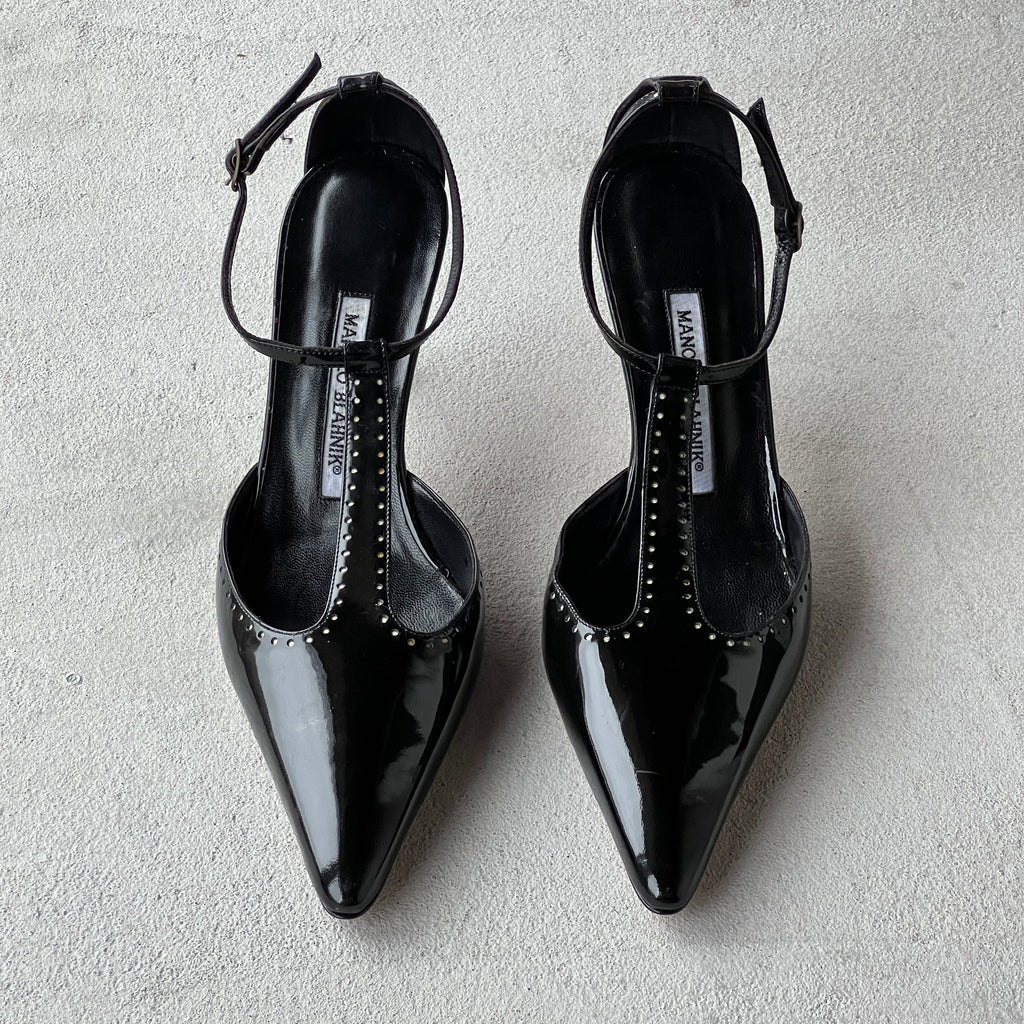 Manolo Blahnik | Black Patent Leather T-Strap Pointed Toe Pump (39)