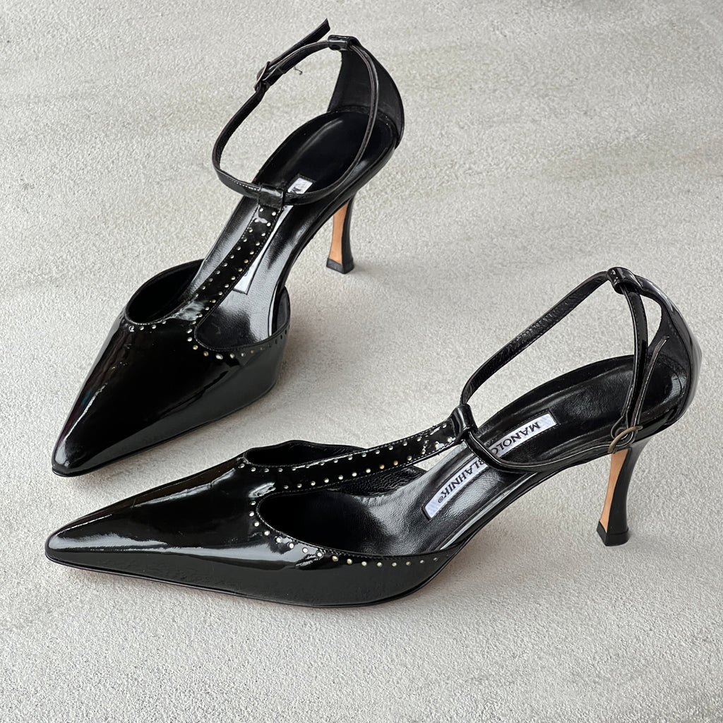 Manolo Blahnik | Black Patent Leather T-Strap Pointed Toe Pump (39)