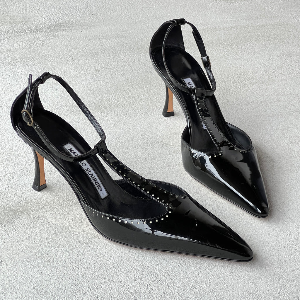 Manolo Blahnik | Black Patent Leather T-Strap Pointed Toe Pump (39)