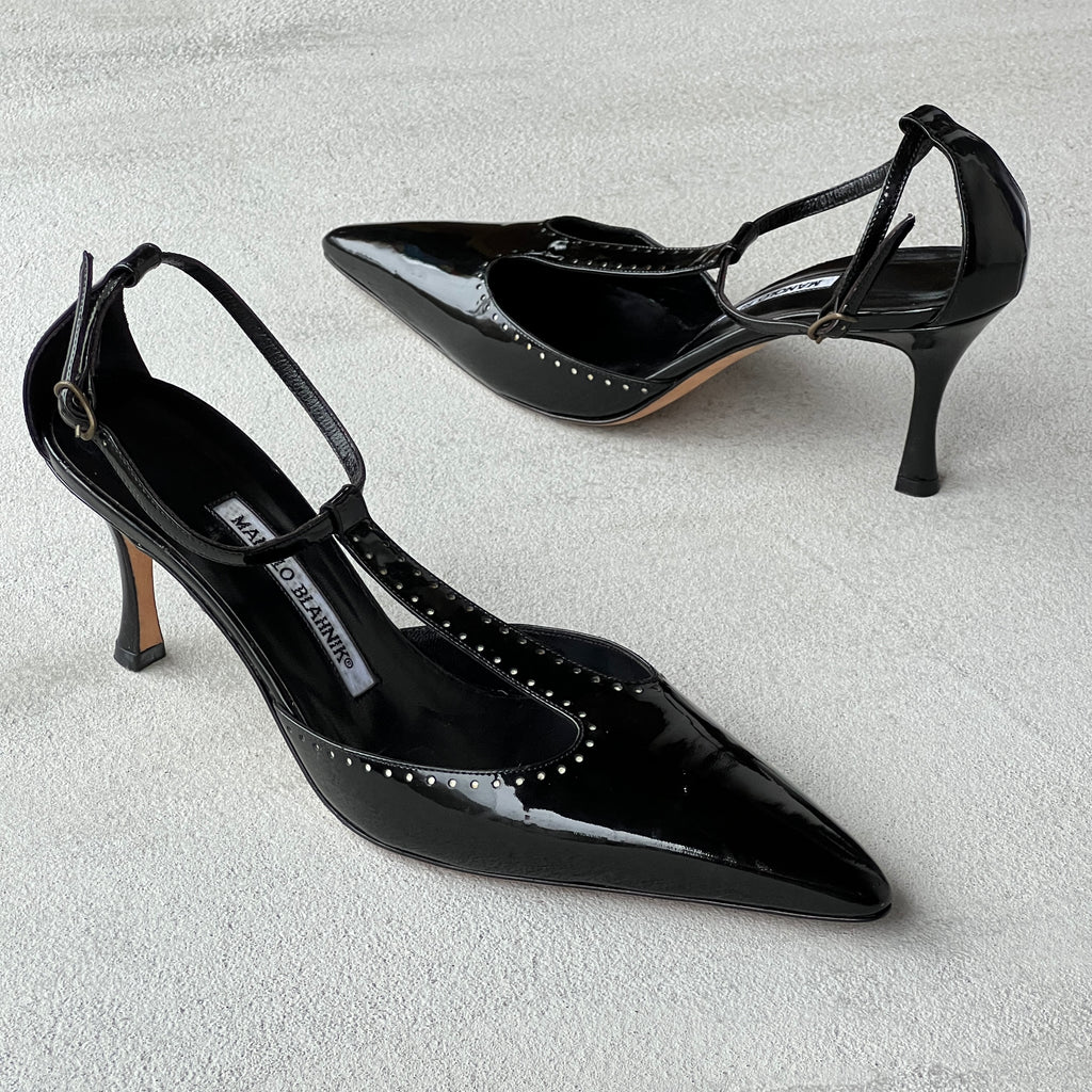 Manolo Blahnik | Black Patent Leather T-Strap Pointed Toe Pump (39)