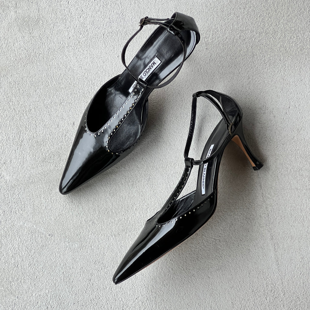 Manolo Blahnik | Black Patent Leather T-Strap Pointed Toe Pump (39)