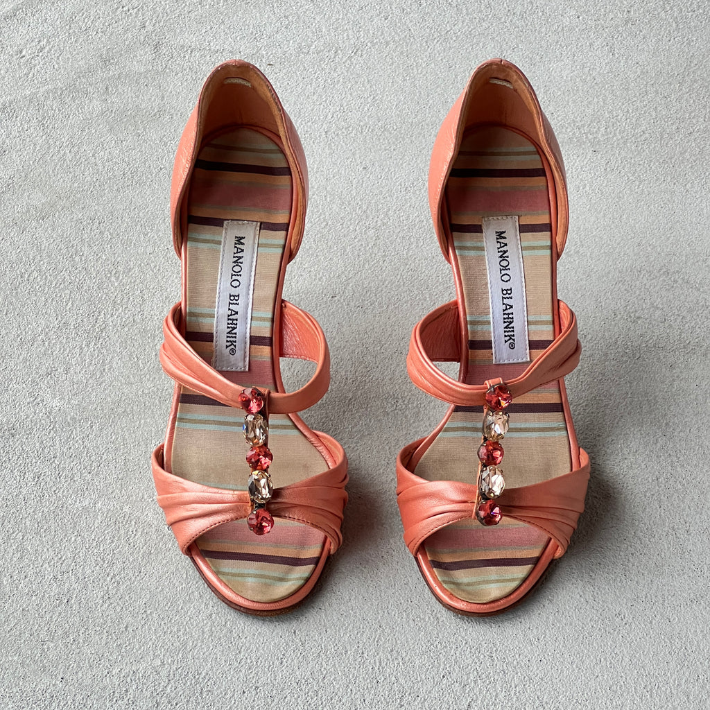 Manolo Blahnik | Vintage Coral Leather Gem Strappy D'Orsay Pump (35.5)
