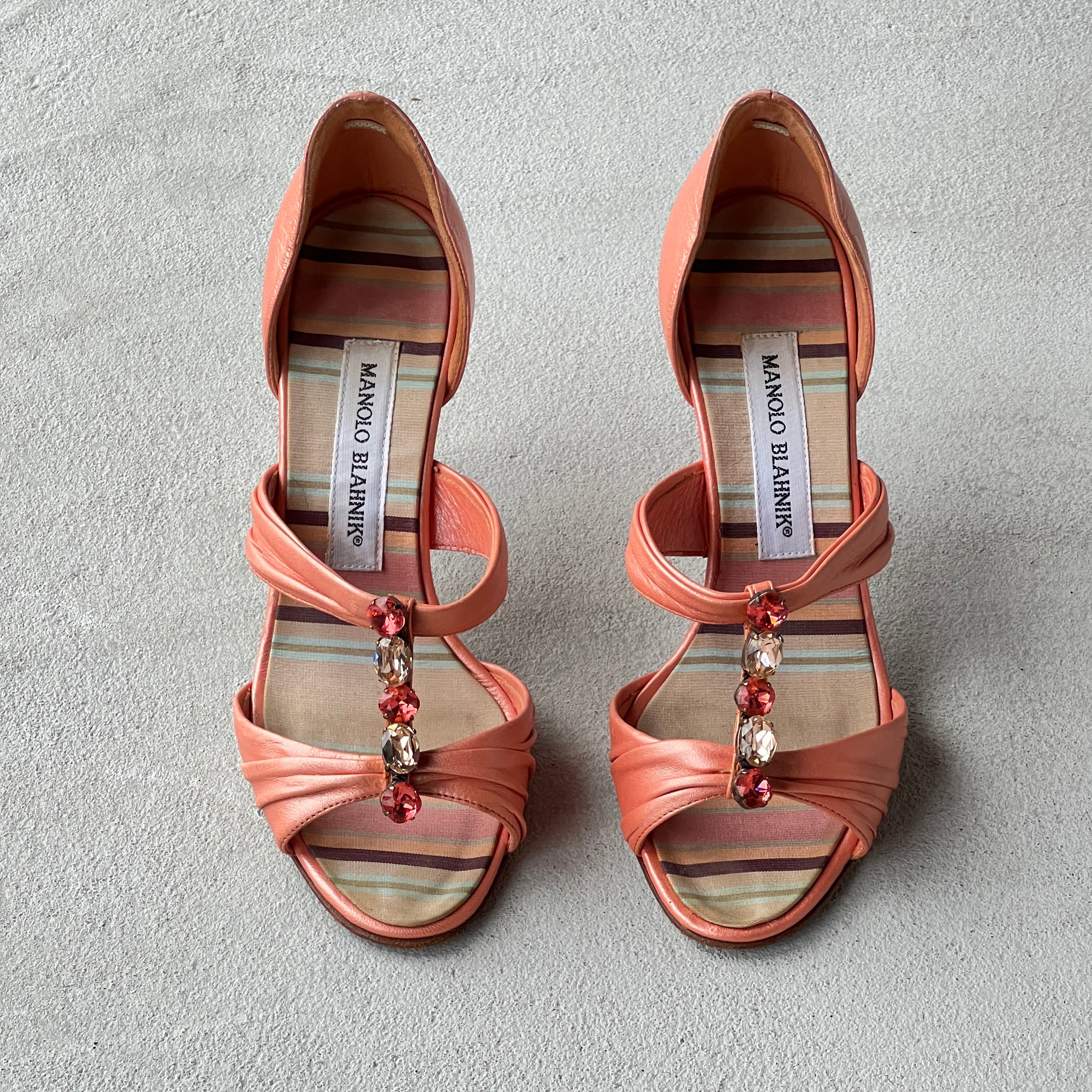 Manolo Blahnik | Vintage Coral Leather Gem Strappy D'Orsay Pump (35.5)