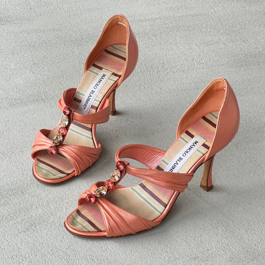 Manolo Blahnik | Vintage Coral Leather Gem Strappy D'Orsay Pump (35.5)