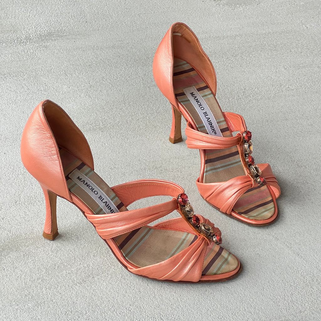 Manolo Blahnik | Vintage Coral Leather Gem Strappy D'Orsay Pump (35.5)