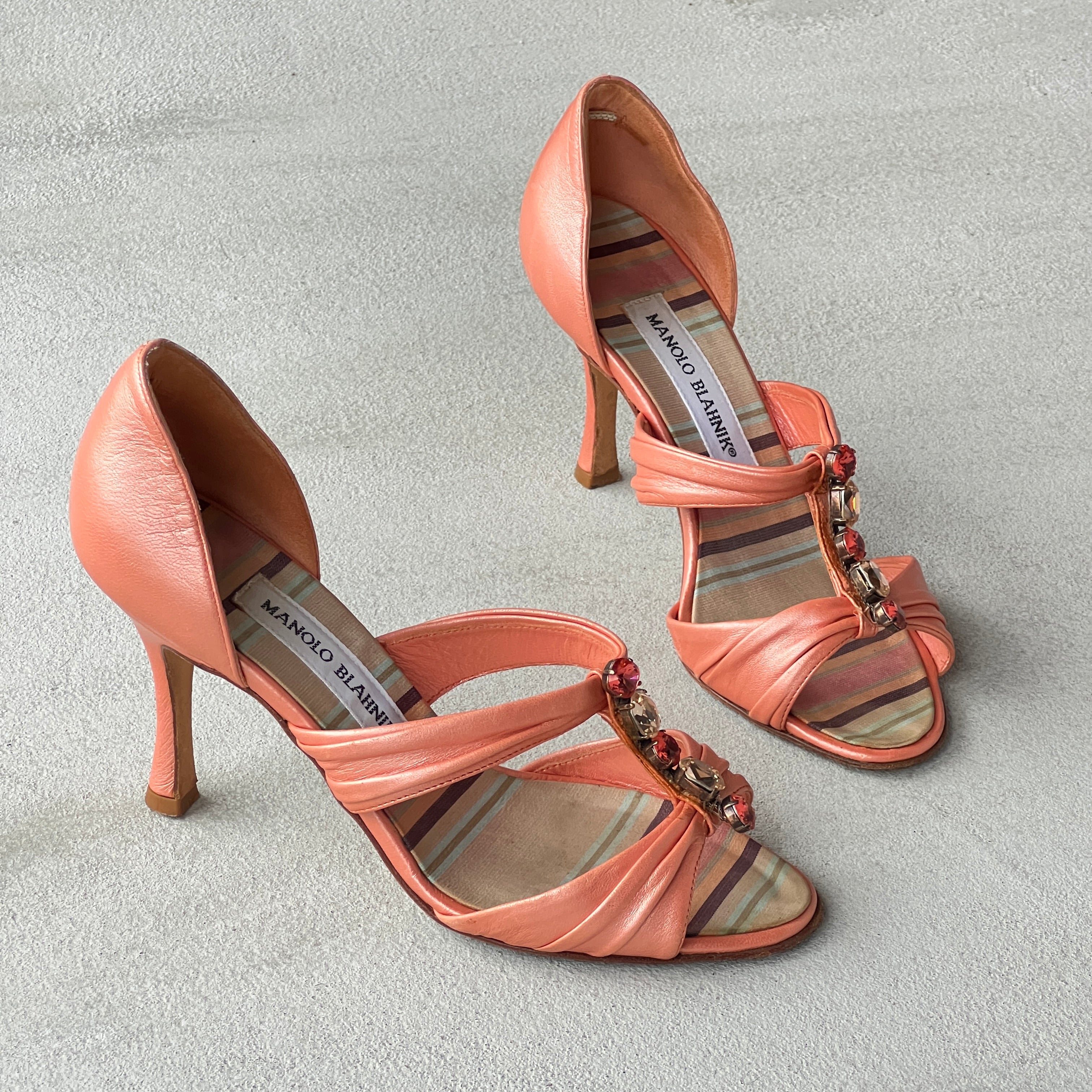 Manolo Blahnik | Vintage Coral Leather Gem Strappy D'Orsay Pump (35.5)