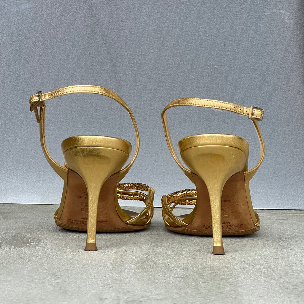 Jimmy Choo | Metallic Gold Leather Metal Knot Slingback Stiletto Heels (37.5)