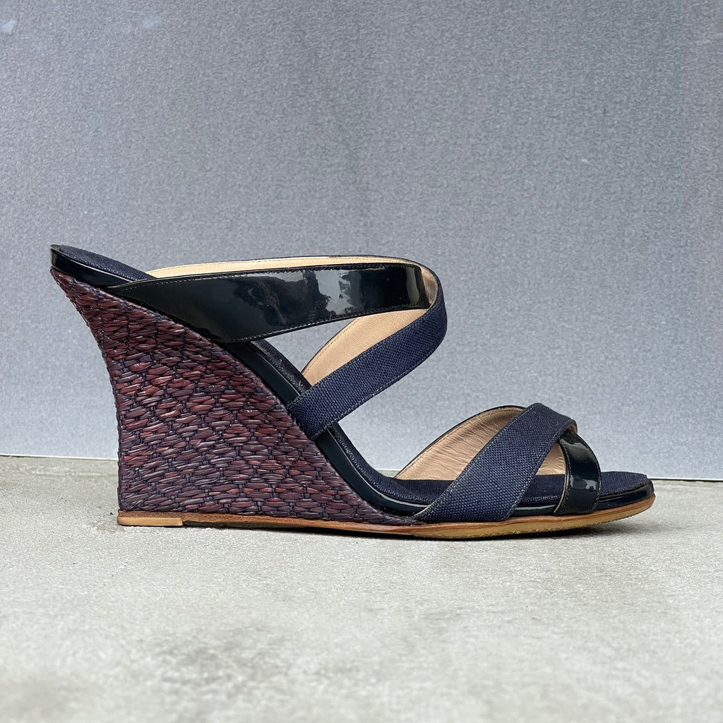 Manolo Blahnik | Varchi Blue Denim Crisscross Wedge Slide Mules (38.5)