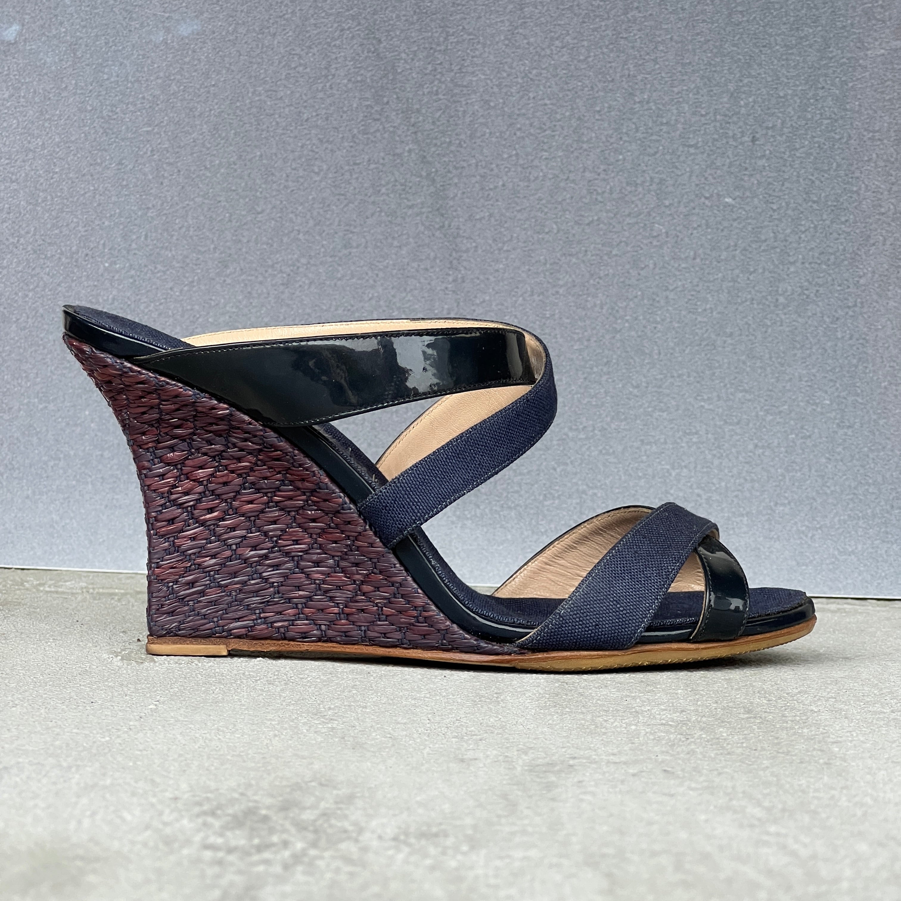 Manolo Blahnik | Varchi Blue Denim Crisscross Wedge Slide Mules (38.5)