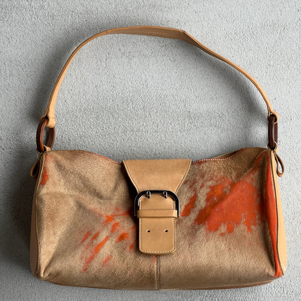 Tod's | Rare Vintage Pony Hair Tan Orange Leather Fold-Over Clasp Shoulder Bag
