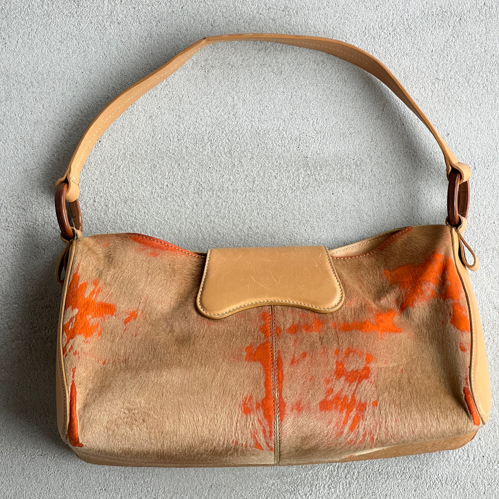 Tod's | Rare Vintage Pony Hair Tan Orange Leather Fold-Over Clasp Shoulder Bag