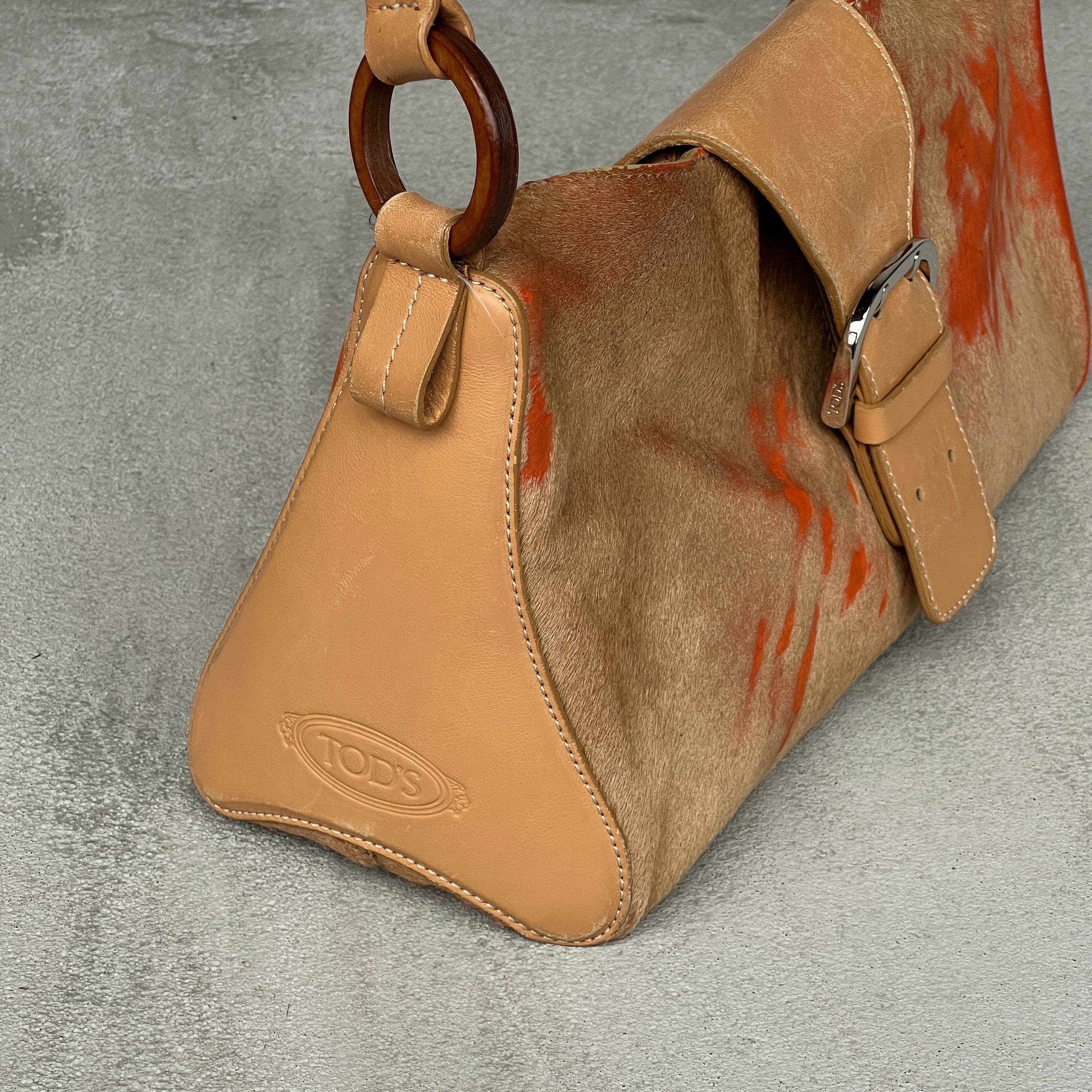 Tod's | Rare Vintage Pony Hair Tan Orange Leather Fold-Over Clasp Shoulder Bag