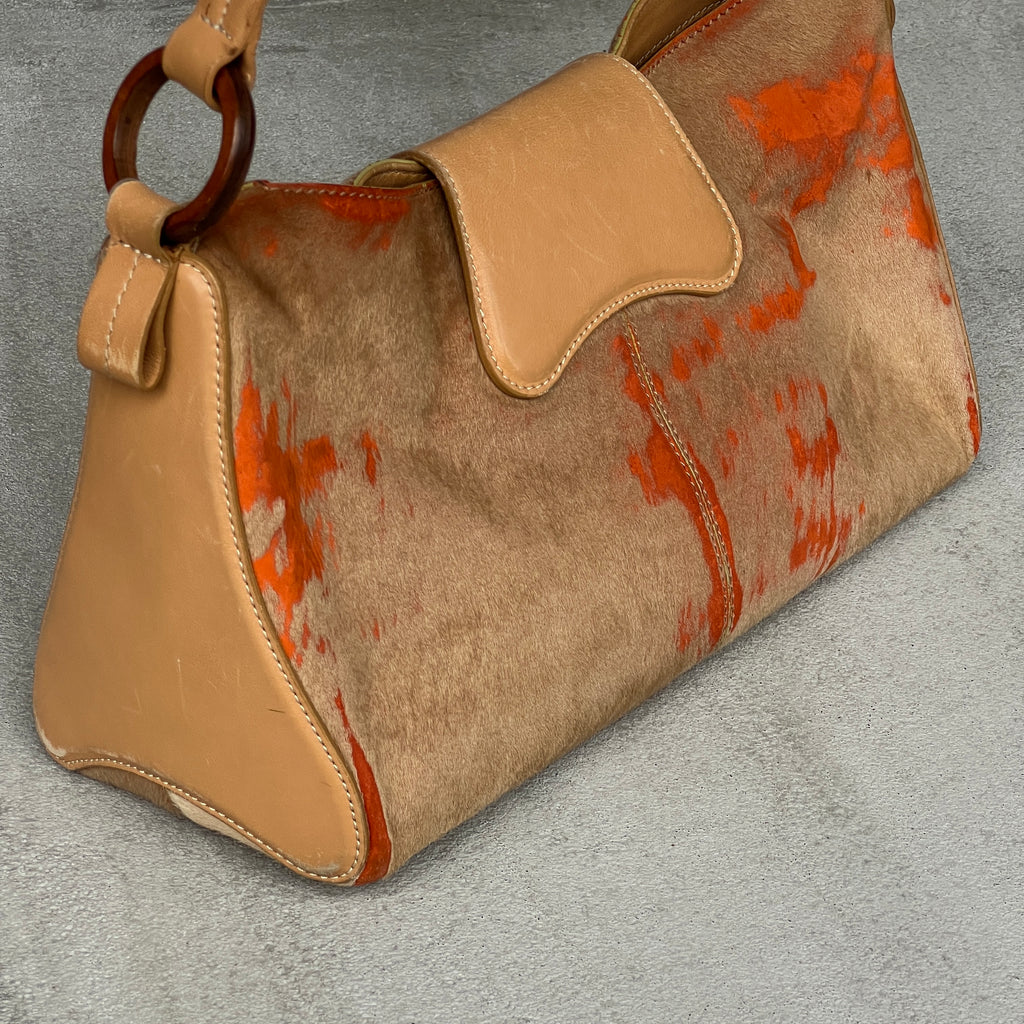 Tod's | Rare Vintage Pony Hair Tan Orange Leather Fold-Over Clasp Shoulder Bag