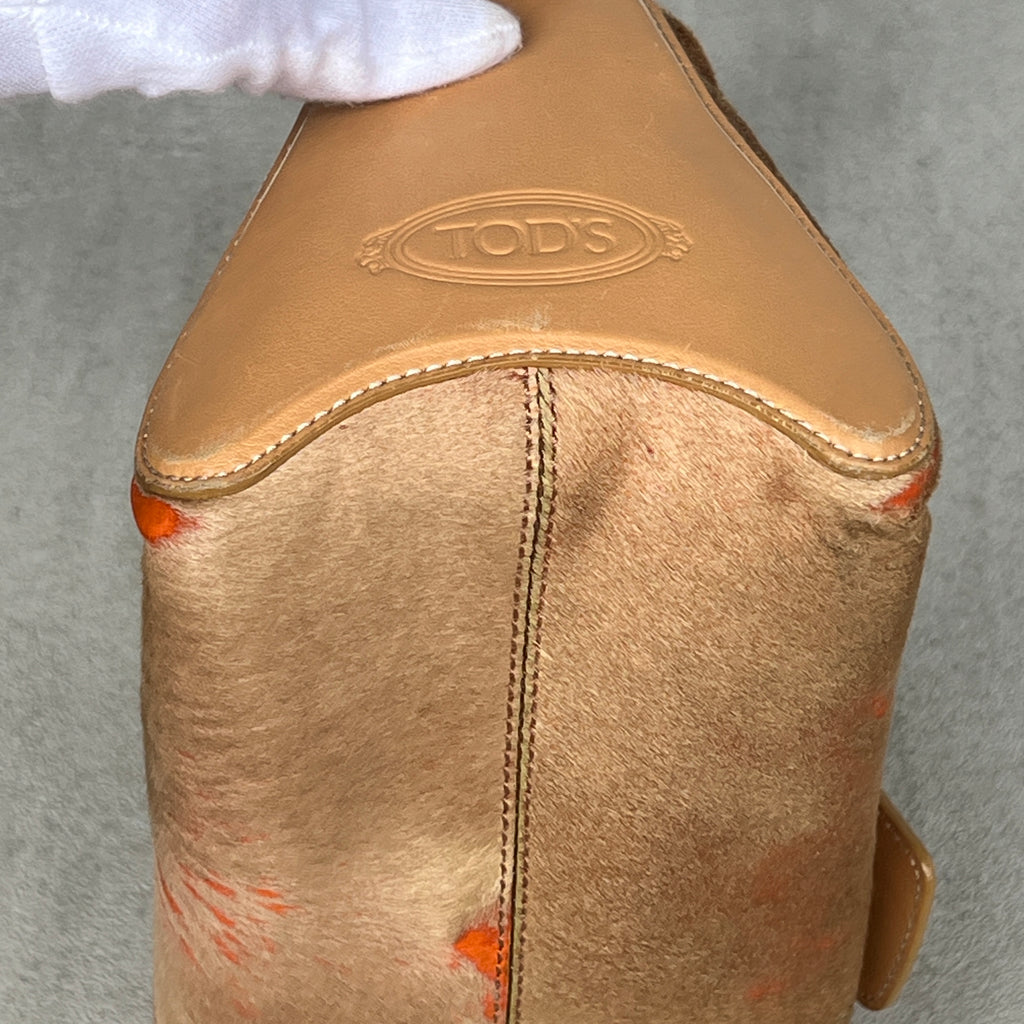 Tod's | Rare Vintage Pony Hair Tan Orange Leather Fold-Over Clasp Shoulder Bag
