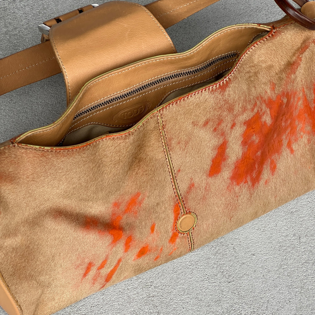 Tod's | Rare Vintage Pony Hair Tan Orange Leather Fold-Over Clasp Shoulder Bag