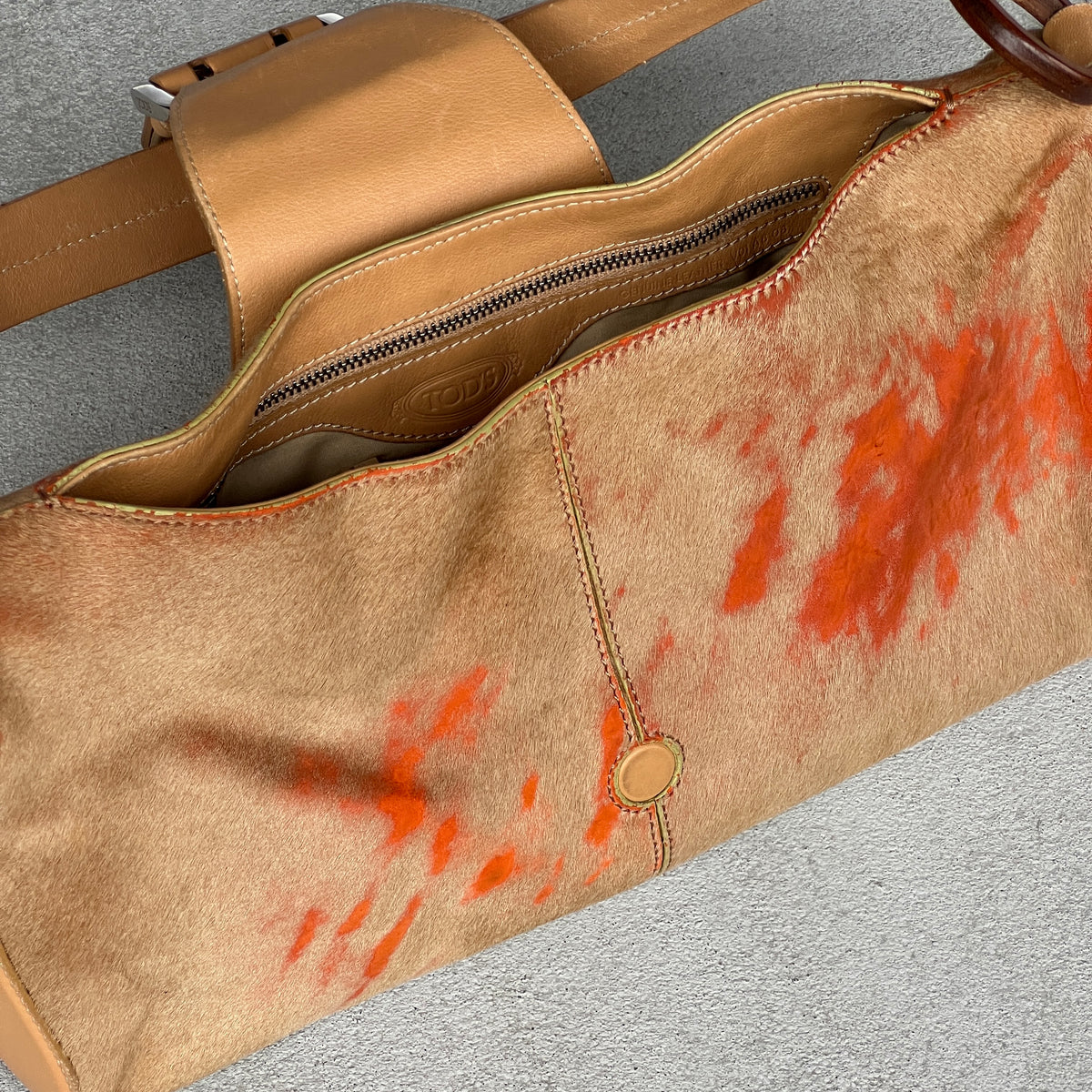 Tod's | Rare Vintage Pony Hair Tan Orange Leather Fold-Over Clasp Shoulder Bag