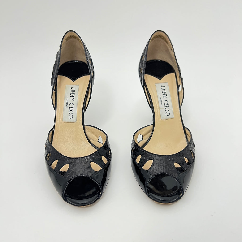 Jimmy Choo | Black Snake Patent Leather Cutout D'Orsay Stiletto Peep Toe (35)
