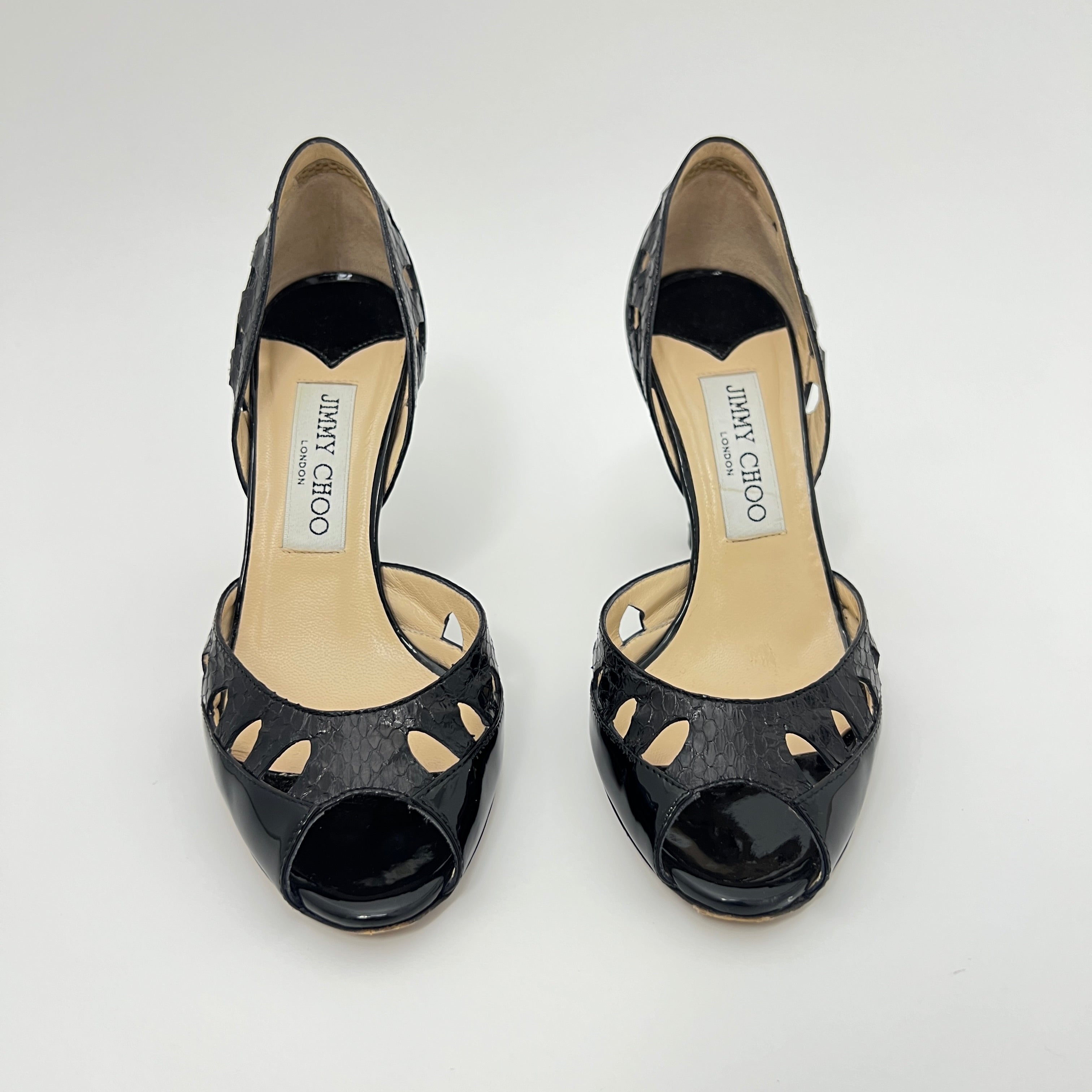 Jimmy Choo | Black Snake Patent Leather Cutout D'Orsay Stiletto Peep Toe (35)