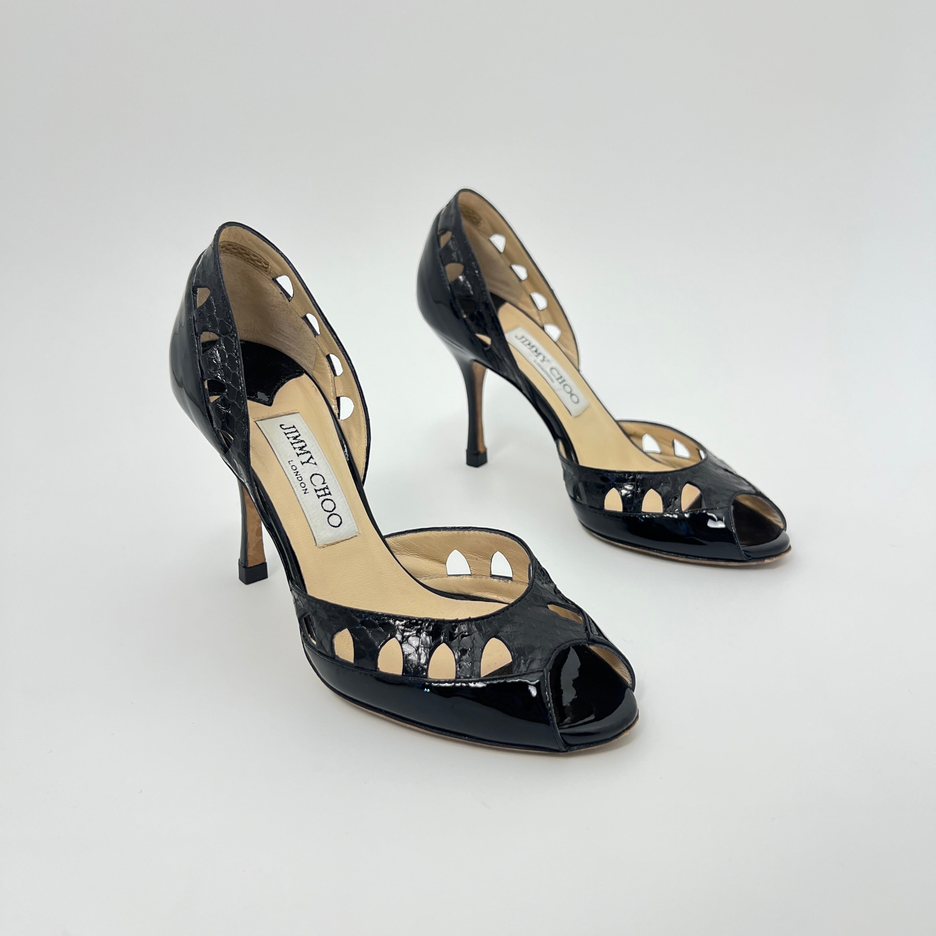 Jimmy Choo | Black Snake Patent Leather Cutout D'Orsay Stiletto Peep Toe (35)