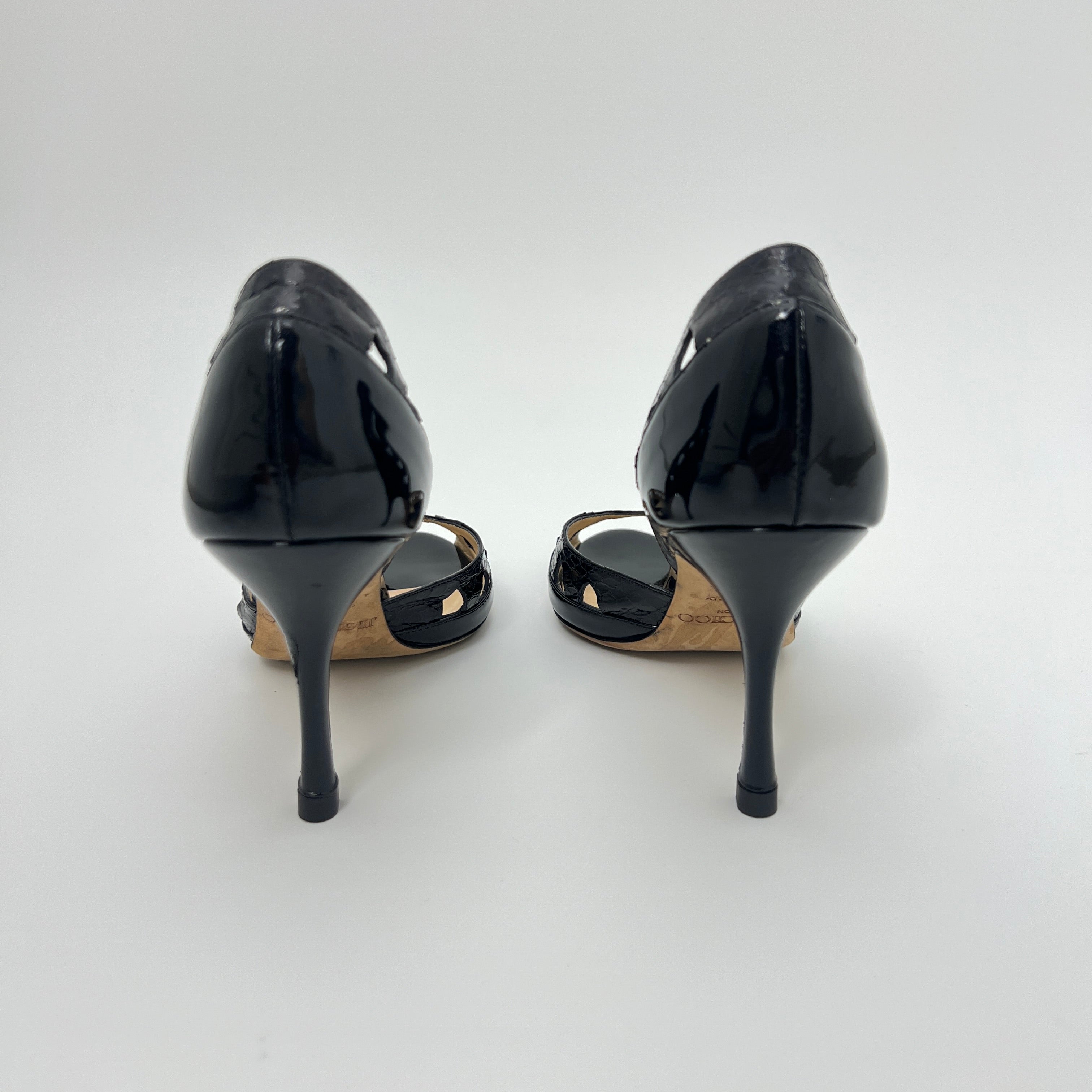 Jimmy Choo | Black Snake Patent Leather Cutout D'Orsay Stiletto Peep Toe (35)