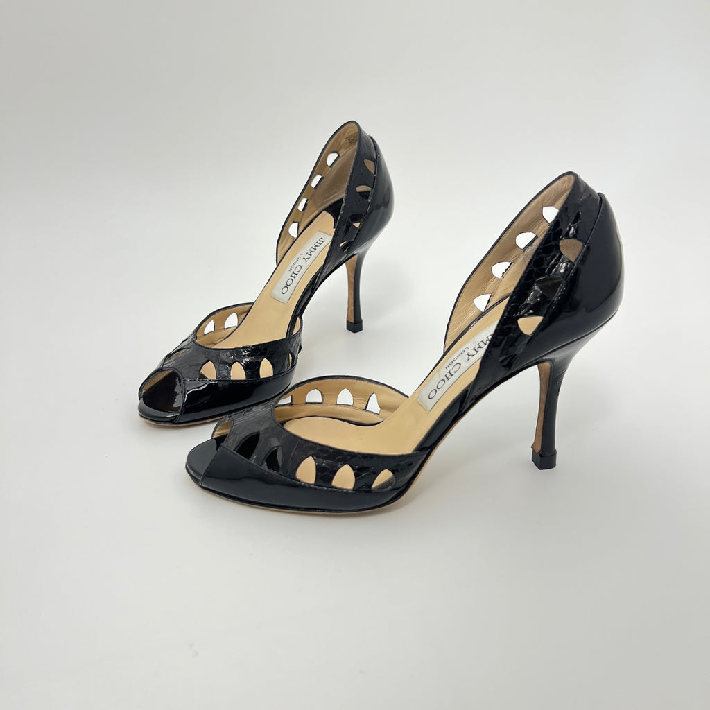 Jimmy Choo | Black Snake Patent Leather Cutout D'Orsay Stiletto Peep Toe (35)