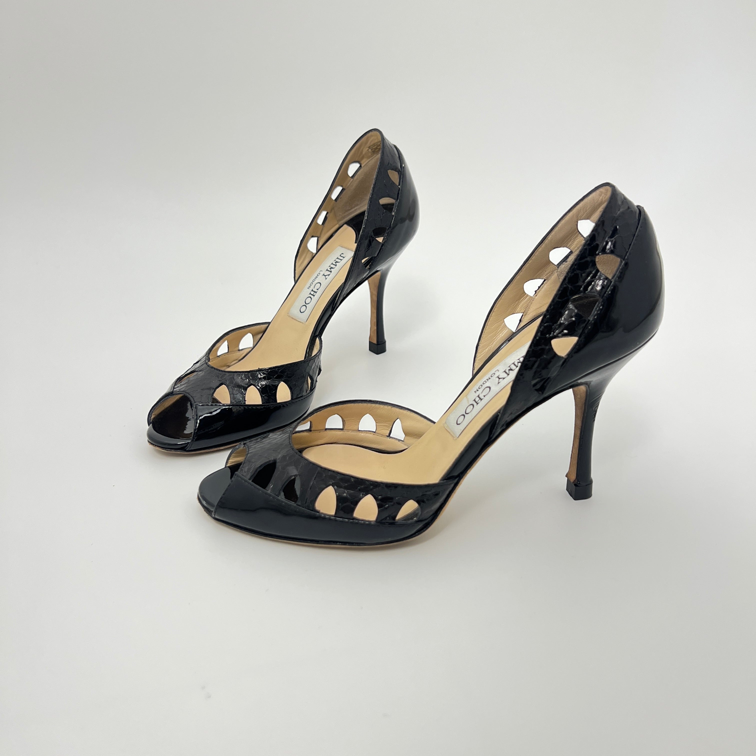 Jimmy Choo | Black Snake Patent Leather Cutout D'Orsay Stiletto Peep Toe (35)