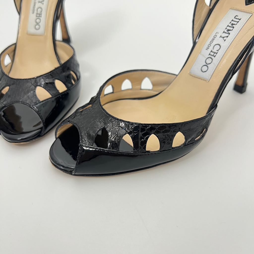 Jimmy Choo | Black Snake Patent Leather Cutout D'Orsay Stiletto Peep Toe (35)