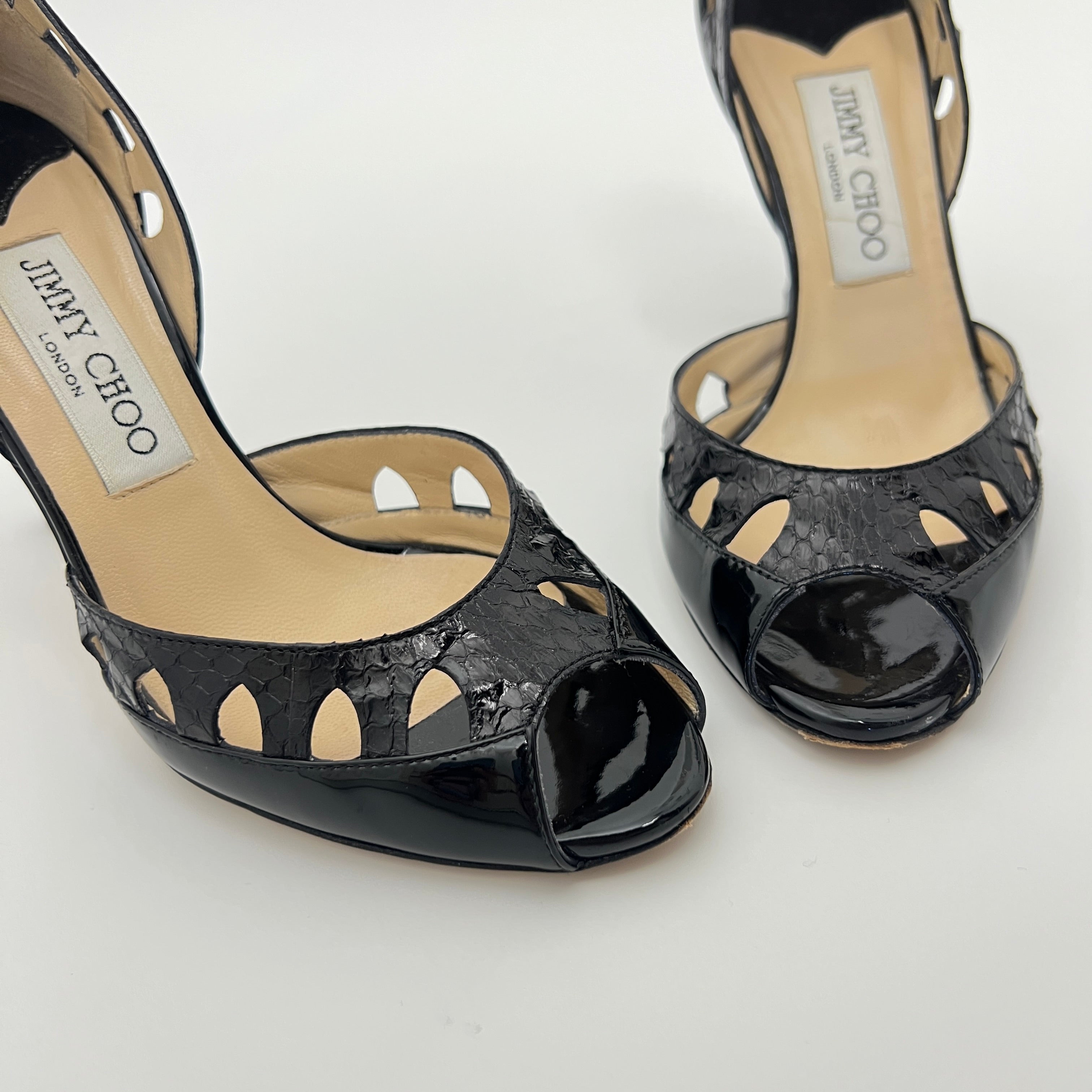 Jimmy Choo | Black Snake Patent Leather Cutout D'Orsay Stiletto Peep Toe (35)