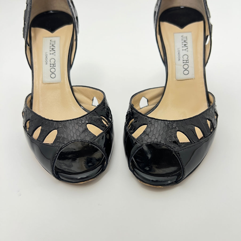 Jimmy Choo | Black Snake Patent Leather Cutout D'Orsay Stiletto Peep Toe (35)